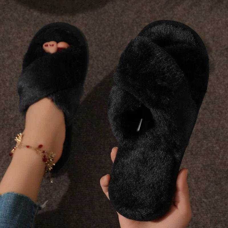 Plush Cross-Strap Slippers