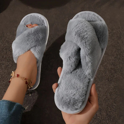 Plush Cross-Strap Slippers
