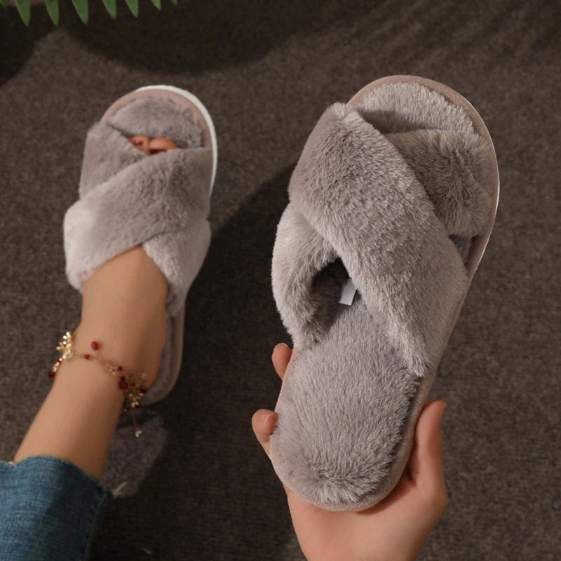 Plush Cross-Strap Slippers