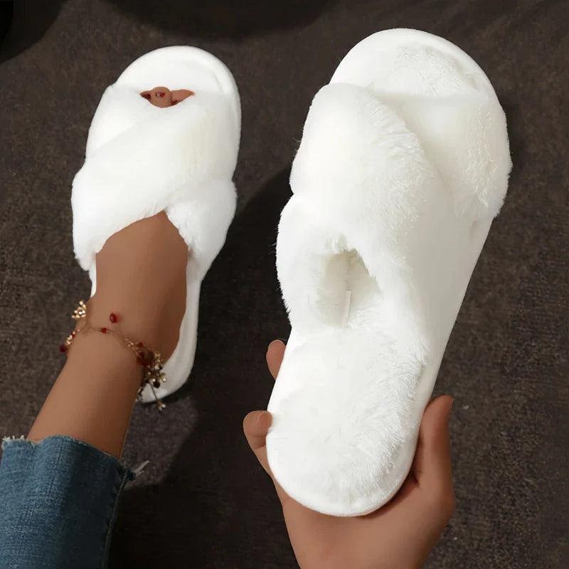 Plush Cross-Strap Slippers